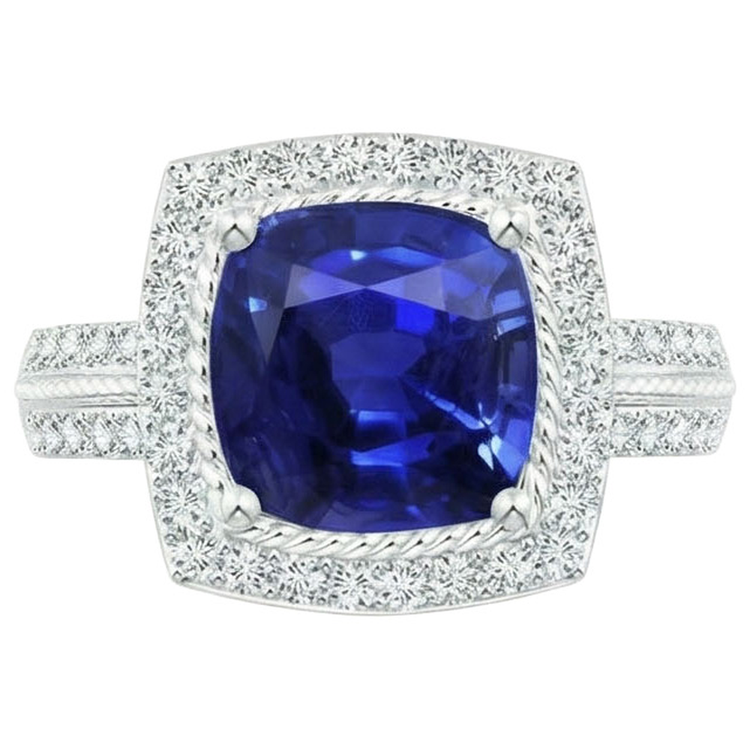 Bague de fiançailles halo de diamants et saphirs 3.70 carats or blanc 14K