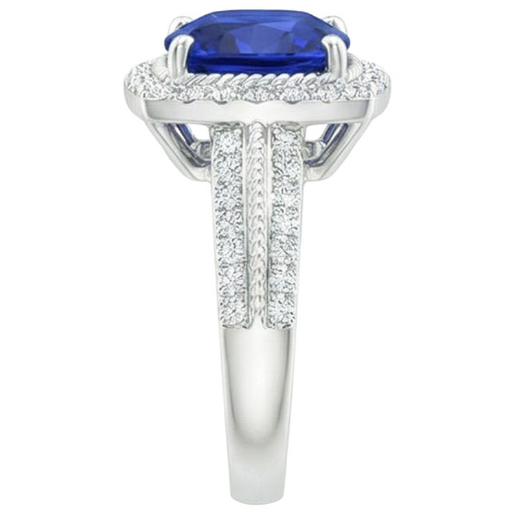 Bague de fiançailles halo de diamants et saphirs 3.70 carats or blanc 14K