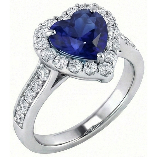Bague de fiançailles halo de diamants taille coeur saphir bleu 4 carats