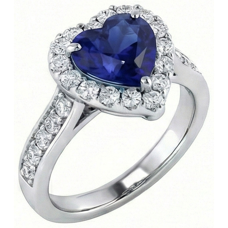 Bague de fiançailles halo de diamants taille coeur saphir bleu 4 carats