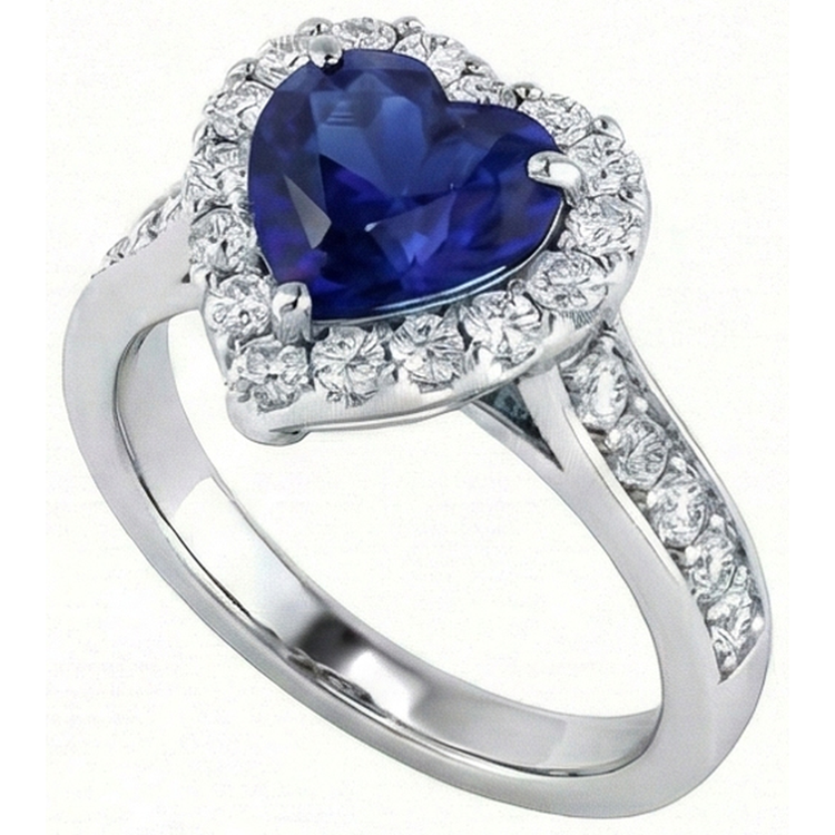 Bague de fiançailles halo de diamants taille coeur saphir bleu 4 carats