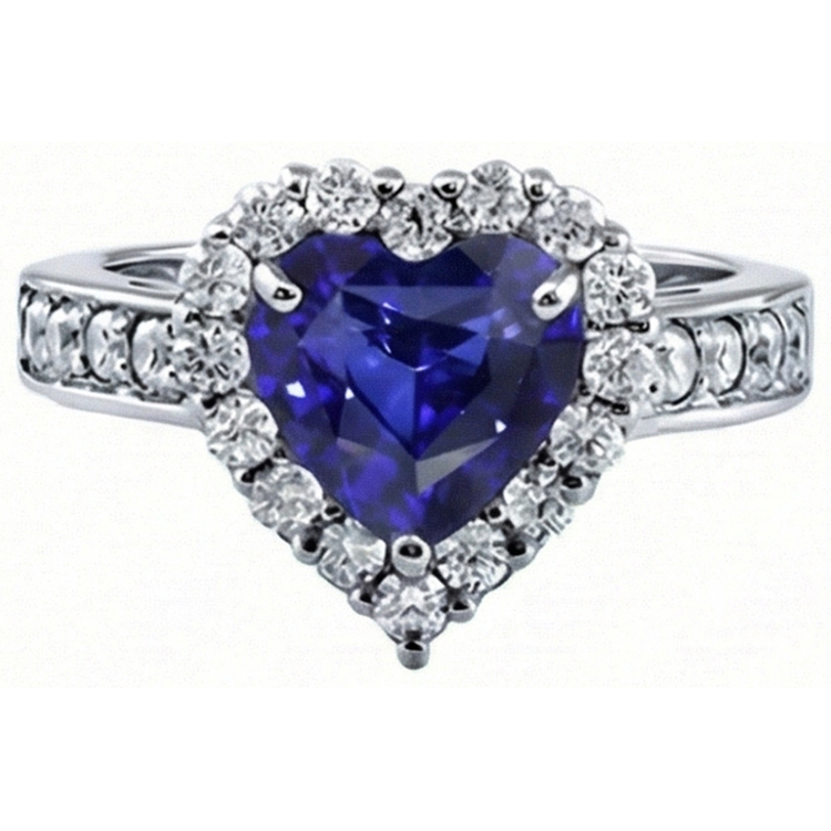 Bague de fiançailles halo de diamants taille coeur saphir bleu 4 carats