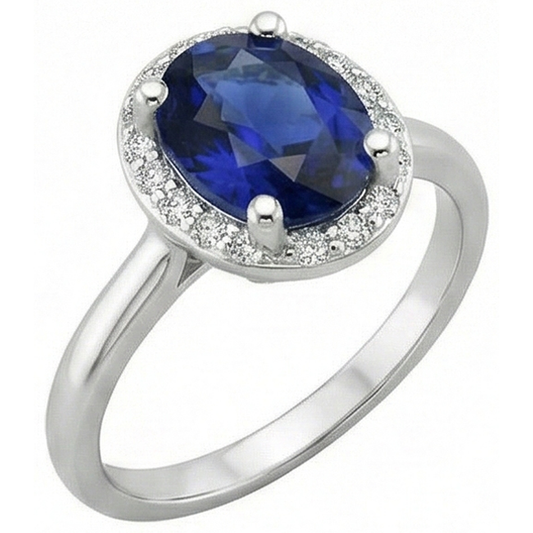 Bague de fiançailles halo diamant bleu saphir 4 carats or blanc 14K