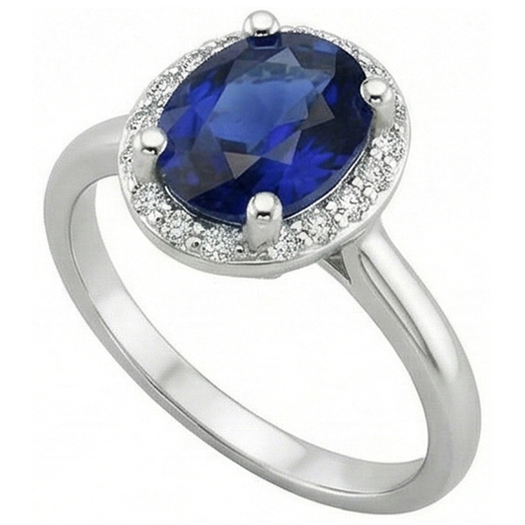 Bague de fiançailles halo diamant bleu saphir 4 carats or blanc 14K
