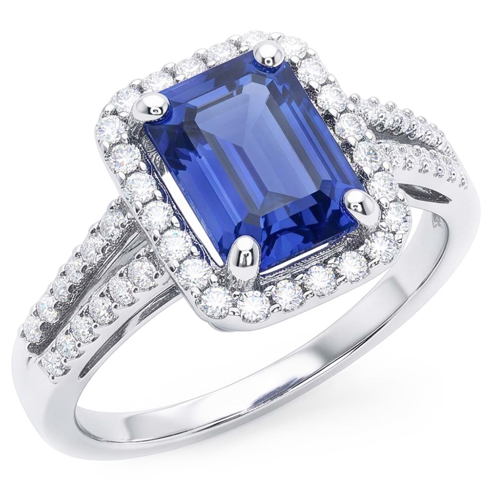 Bague de fiançailles halo émeraude saphir bleu 4 carats double tige