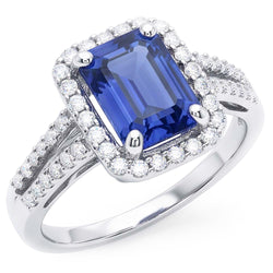 Bague de fiançailles halo émeraude saphir bleu 4 carats double tige