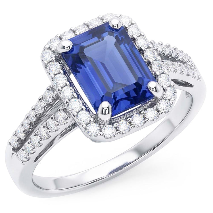 Bague de fiançailles halo émeraude saphir bleu 4 carats double tige