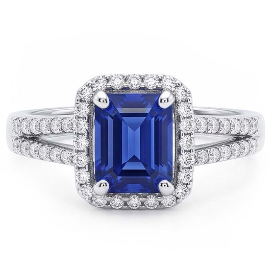 Bague de fiançailles halo émeraude saphir bleu 4 carats double tige