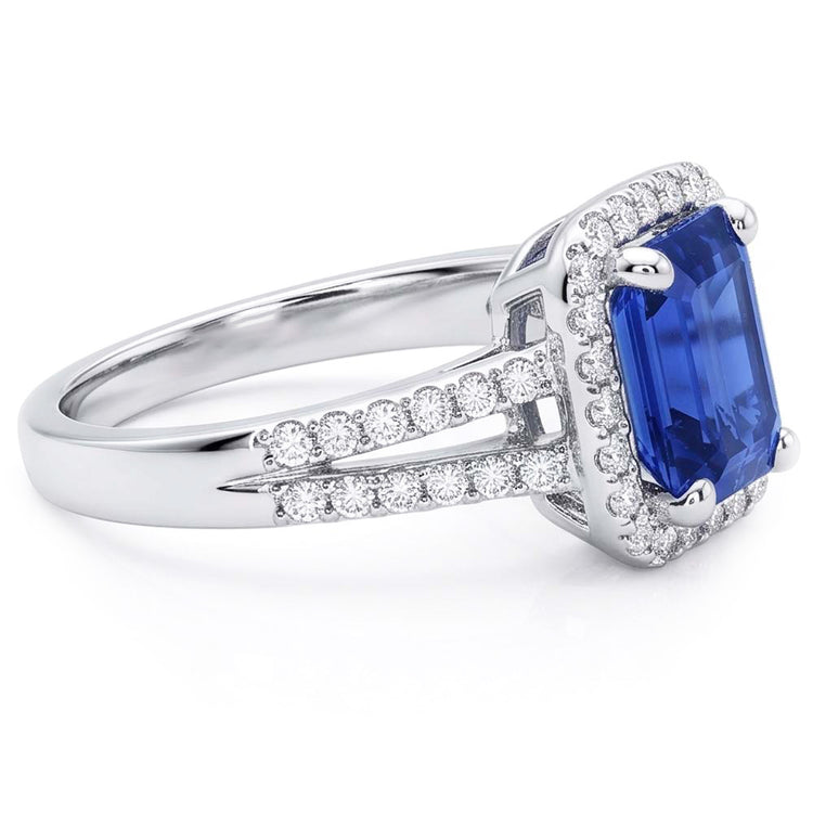 Bague de fiançailles halo émeraude saphir bleu 4 carats double tige