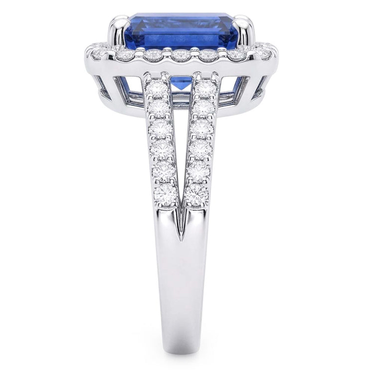 Bague de fiançailles halo émeraude saphir bleu 4 carats double tige