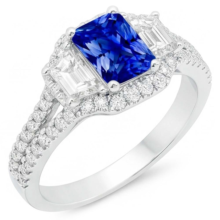 Bague de fiançailles halo saphir 4 carats trapèzes et diamants sertis pavé