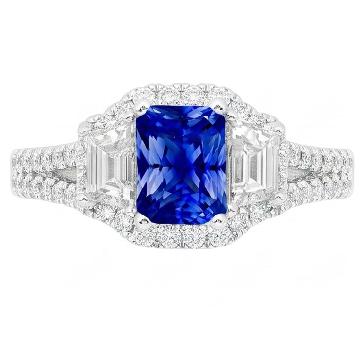 Bague de fiançailles halo saphir 4 carats trapèzes et diamants sertis pavé