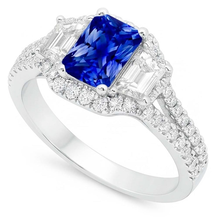 Bague de fiançailles halo saphir 4 carats trapèzes et diamants sertis pavé