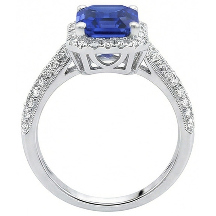 Bague de fiançailles halo saphir double rangée sertie de diamants 4 carats