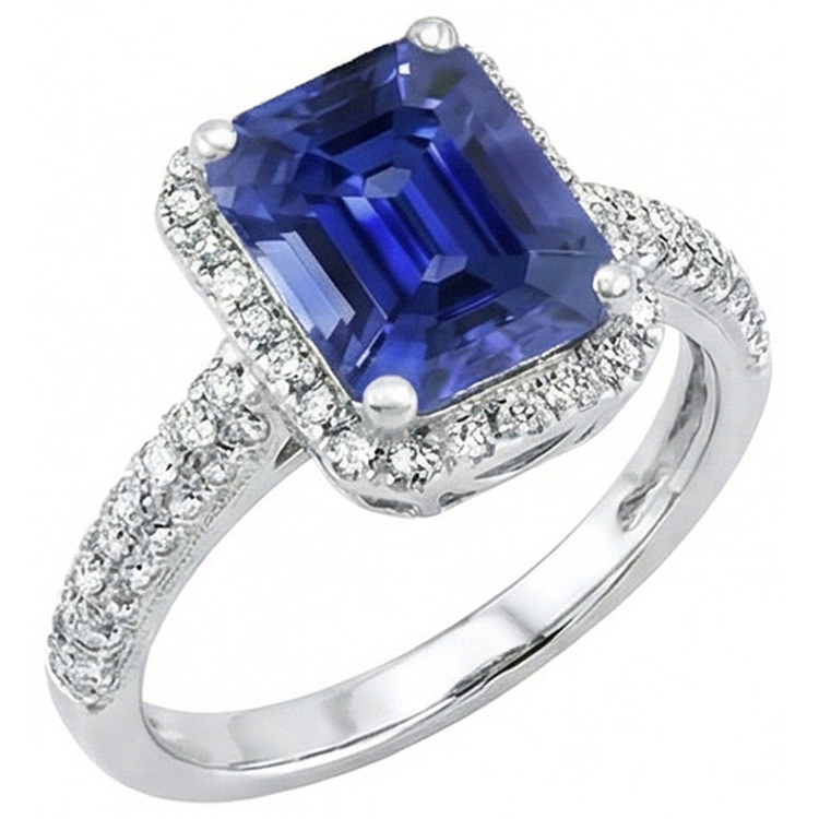 Bague de fiançailles halo saphir double rangée sertie de diamants 4 carats