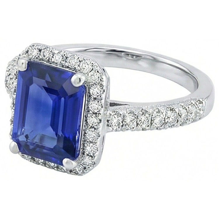 Bague de fiançailles halo saphir double rangée sertie de diamants 4 carats