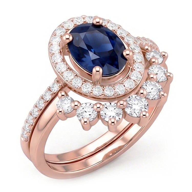 Bague de fiançailles ovale halo de diamants sertie saphir bleu or 3.50 carats