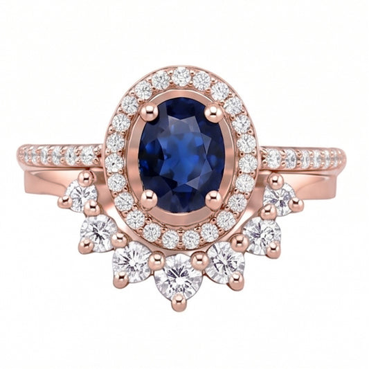 Bague de fiançailles ovale halo de diamants sertie saphir bleu or 3.50 carats
