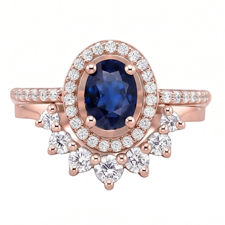 Bague de fiançailles ovale halo de diamants sertie saphir bleu or 3.50 carats