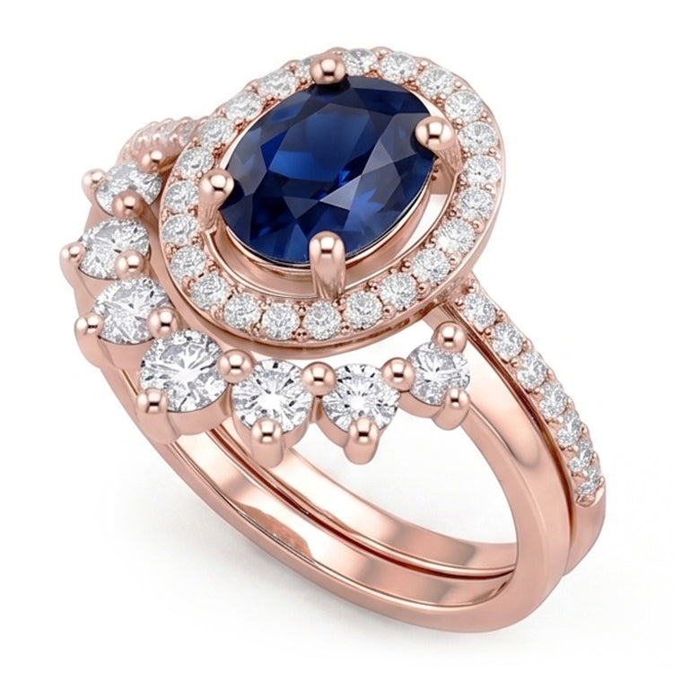 Bague de fiançailles ovale halo de diamants sertie saphir bleu or 3.50 carats