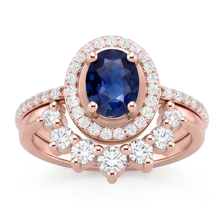 Bague de fiançailles ovale halo de diamants sertie saphir bleu or 3.50 carats