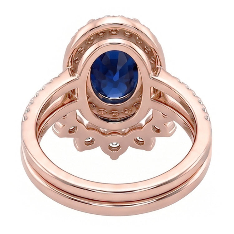 Bague de fiançailles ovale halo de diamants sertie saphir bleu or 3.50 carats