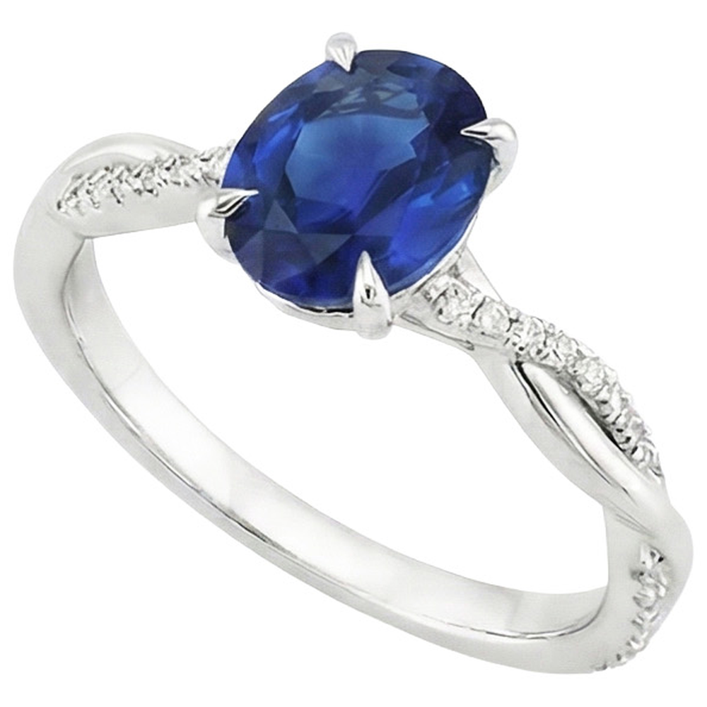 Bague de fiançailles ovale saphir bleu diamant or tige torsadée 6 carats