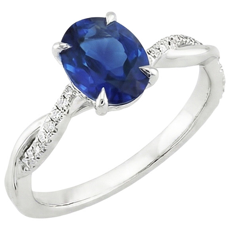 Bague de fiançailles ovale saphir bleu diamant or tige torsadée 6 carats
