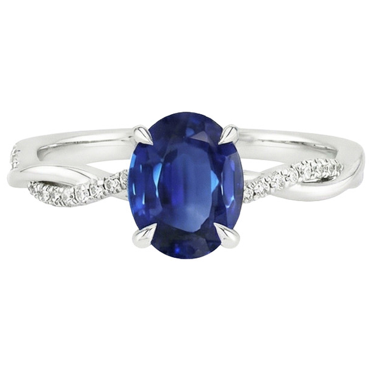 Bague de fiançailles ovale saphir bleu diamant or tige torsadée 6 carats