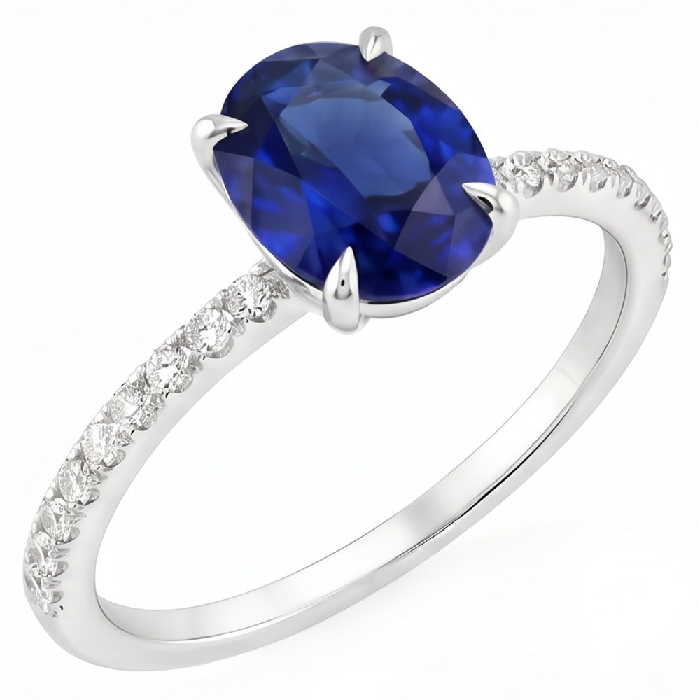 Bague de fiançailles pour femme Saphir bleu ovale et accents de diamants 4 carats