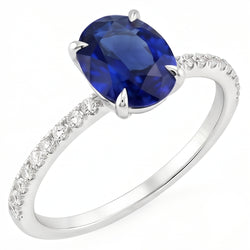 Bague de fiançailles pour femme Saphir bleu ovale et accents de diamants 4 carats