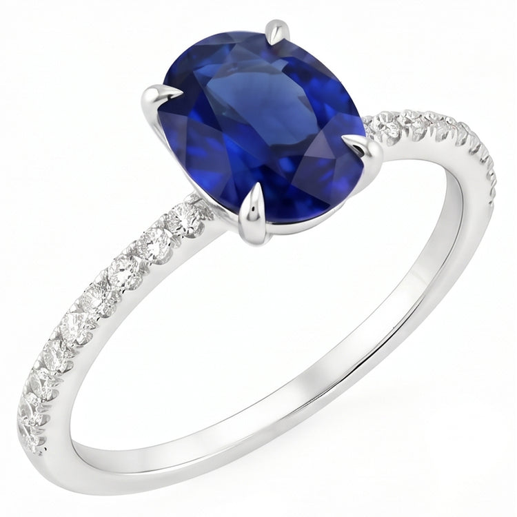 Bague de fiançailles pour femme Saphir bleu ovale et accents de diamants 4 carats