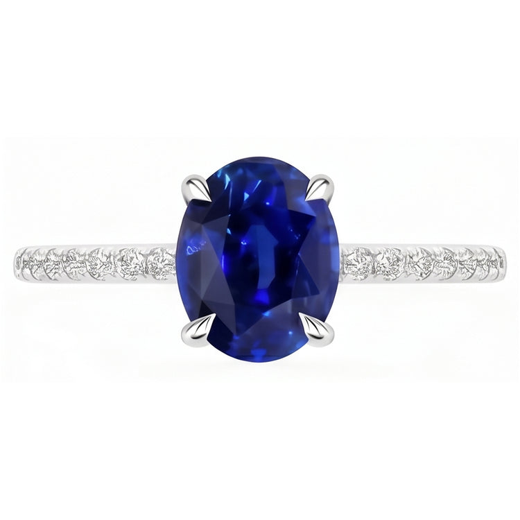 Bague de fiançailles pour femme Saphir bleu ovale et accents de diamants 4 carats