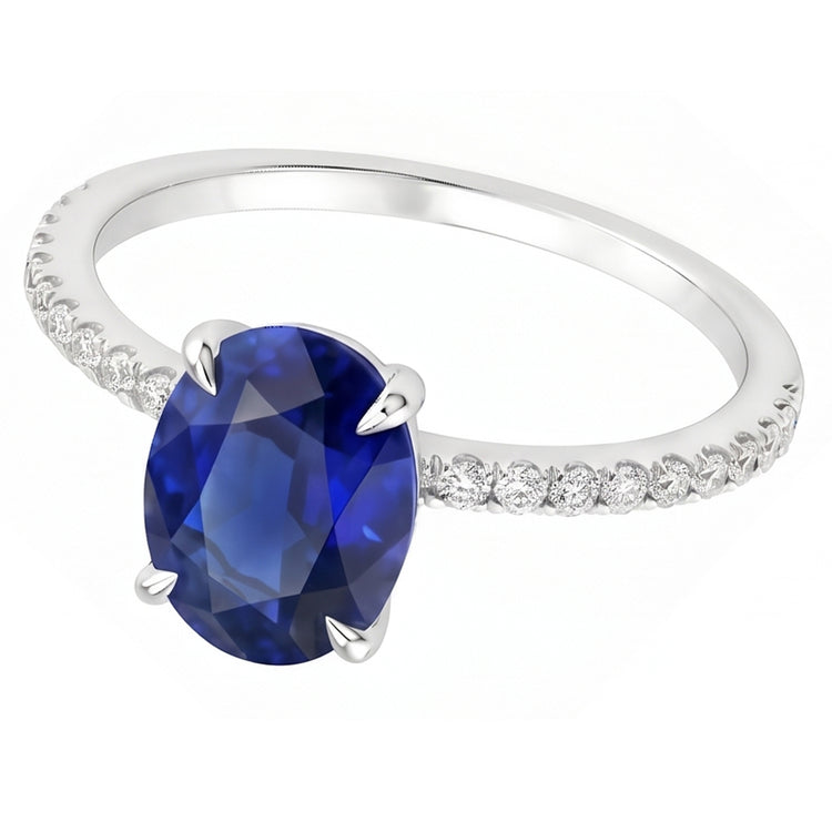 Bague de fiançailles pour femme Saphir bleu ovale et accents de diamants 4 carats
