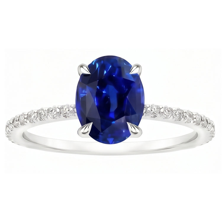 Bague de fiançailles pour femme Saphir bleu ovale et accents de diamants 4 carats