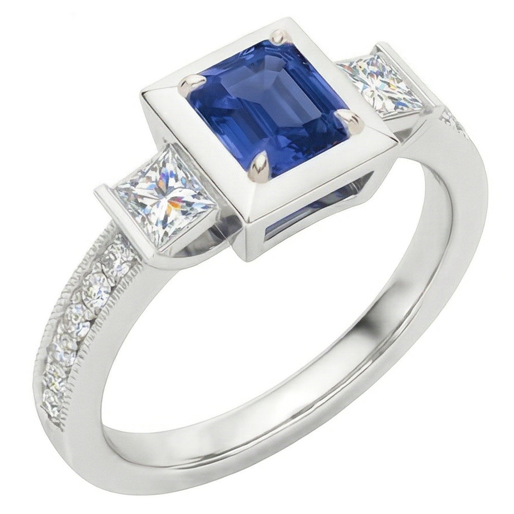 Bague de fiançailles princesse diamant et saphir émeraude deux tons 2 carats