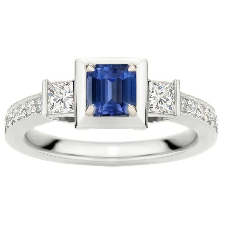 Bague de fiançailles princesse diamant et saphir émeraude deux tons 2 carats