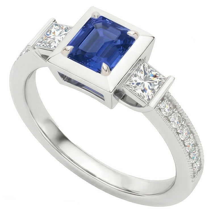 Bague de fiançailles princesse diamant et saphir émeraude deux tons 2 carats