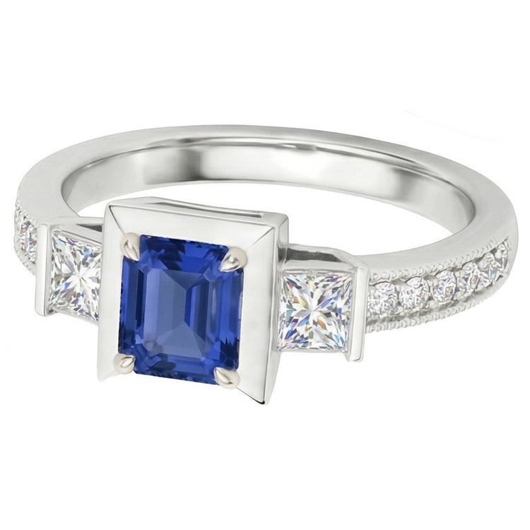 Bague de fiançailles princesse diamant et saphir émeraude deux tons 2 carats