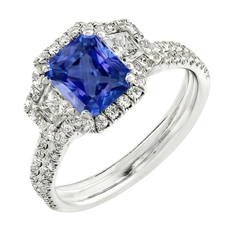 Bague de fiançailles ronde et trapèze diamant halo saphir 4 carats
