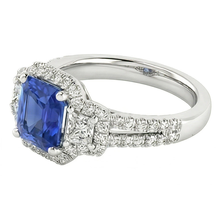 Bague de fiançailles ronde et trapèze diamant halo saphir 4 carats