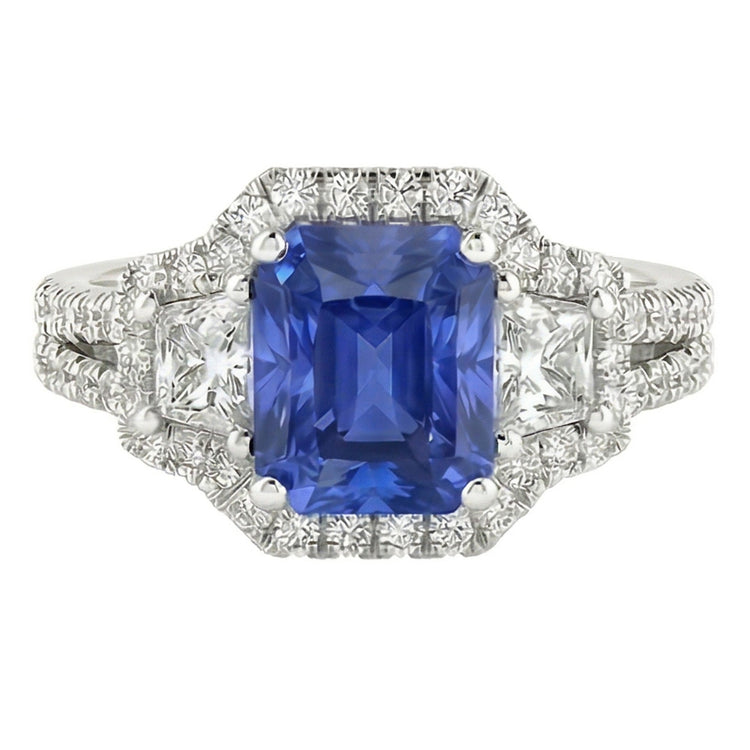 Bague de fiançailles ronde et trapèze diamant halo saphir 4 carats