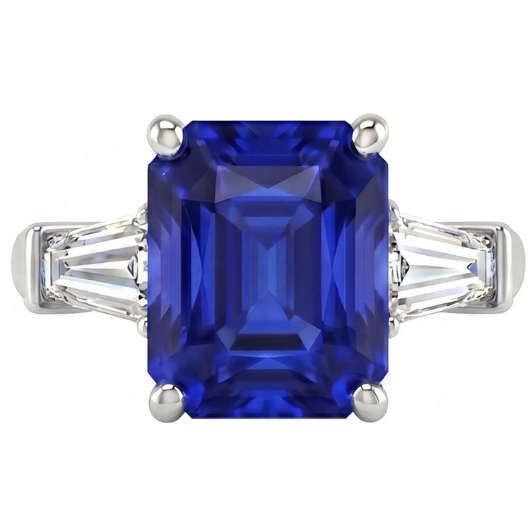 Bague de fiançailles saphir 3 pierres pour femme 2.50 carats diamants baguette