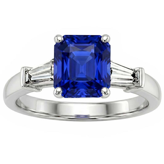 Bague de fiançailles saphir 3 pierres pour femme 2.50 carats diamants baguette