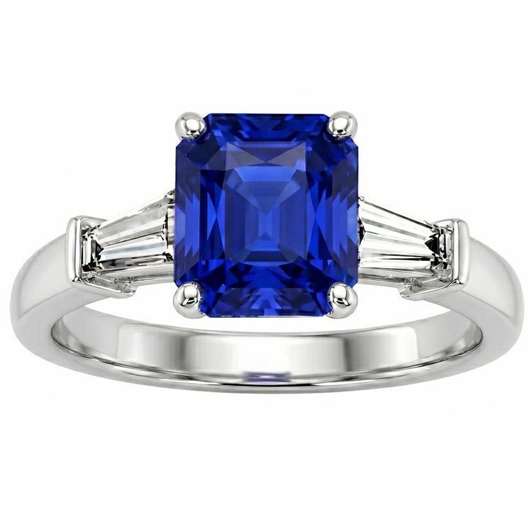 Bague de fiançailles saphir 3 pierres pour femme 2.50 carats diamants baguette