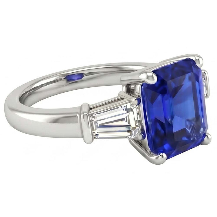 Bague de fiançailles saphir 3 pierres pour femme 2.50 carats diamants baguette