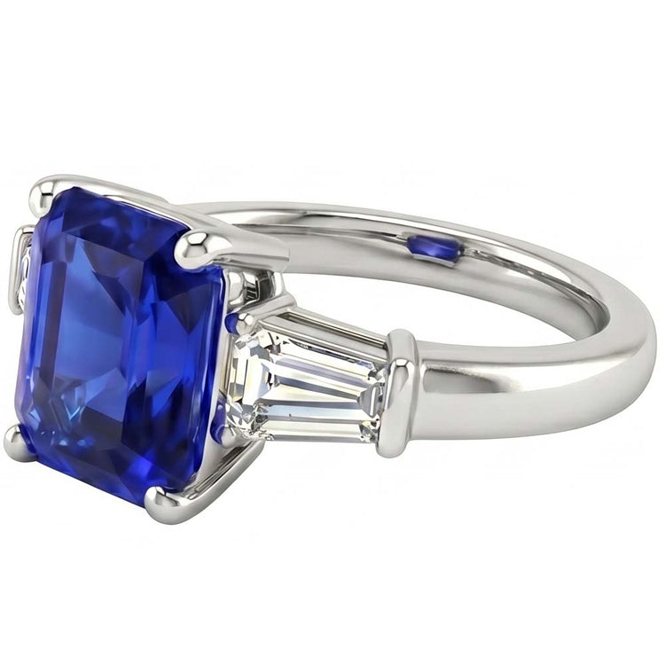 Bague de fiançailles saphir 3 pierres pour femme 2.50 carats diamants baguette