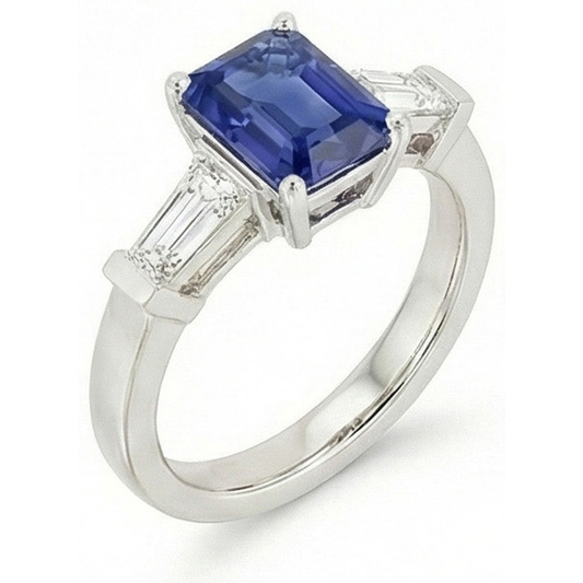 Bague de fiançailles saphir bleu émeraude 3 pierres diamant 2.50 carats