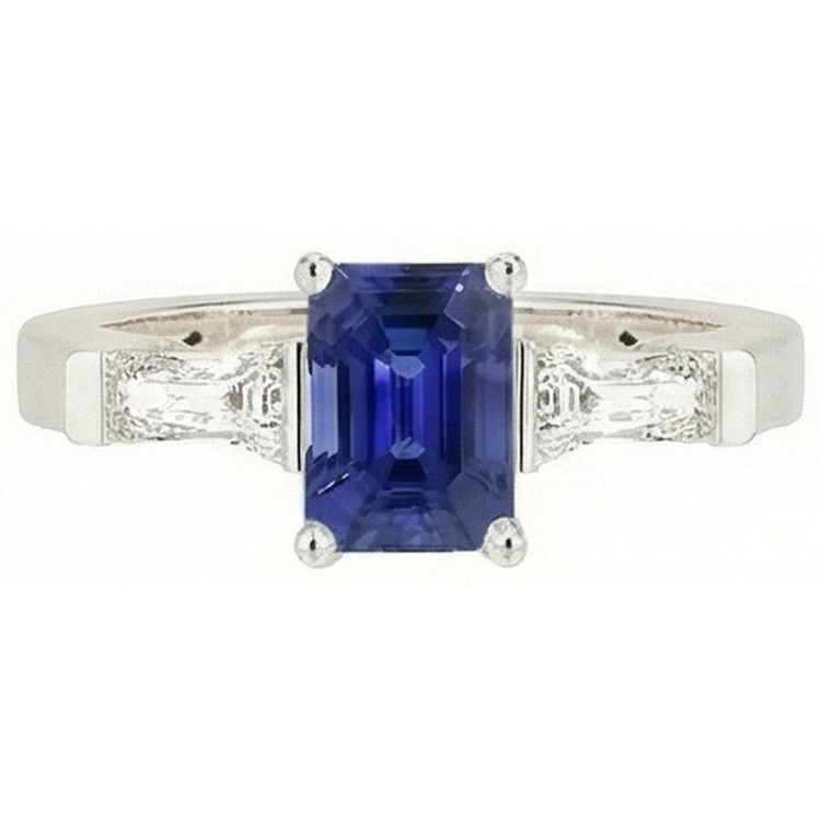 Bague de fiançailles saphir bleu émeraude 3 pierres diamant 2.50 carats