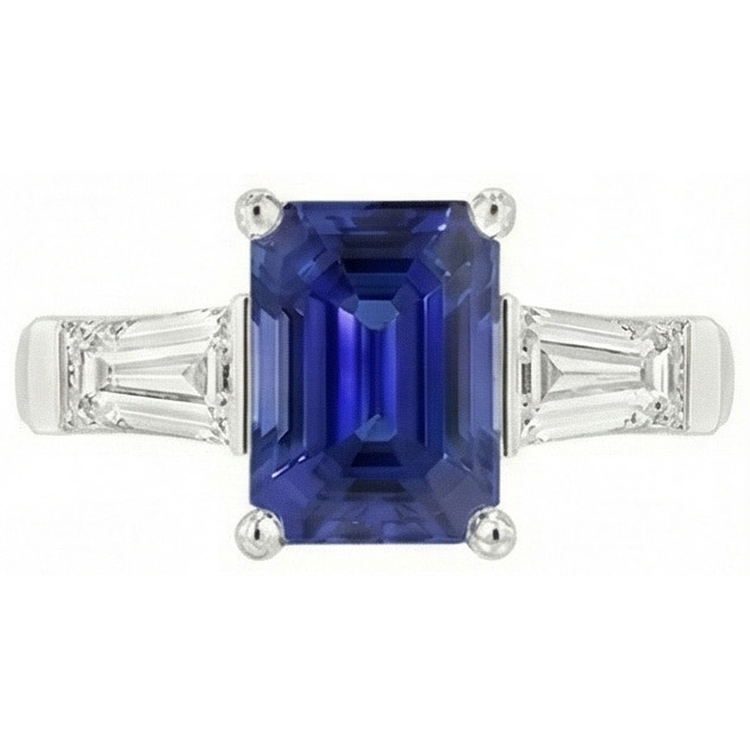 Bague de fiançailles saphir bleu émeraude 3 pierres diamant 2.50 carats